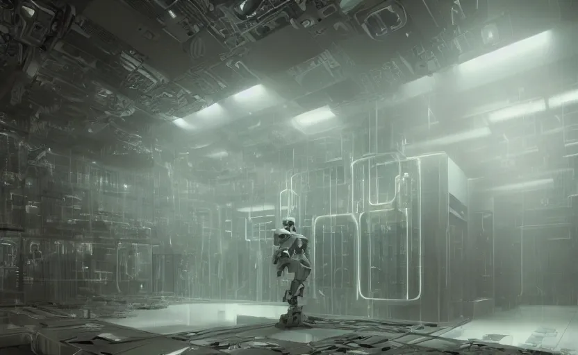 Image similar to extremely detailed cinematic movie still 3 0 7 7 foggy portrait shot of a robot in an endless data centre by denis villeneuve, wayne barlowe, simon birch, marc simonetti, philippe druillet, beeple, bright volumetric sunlight from small windows, rich moody colors