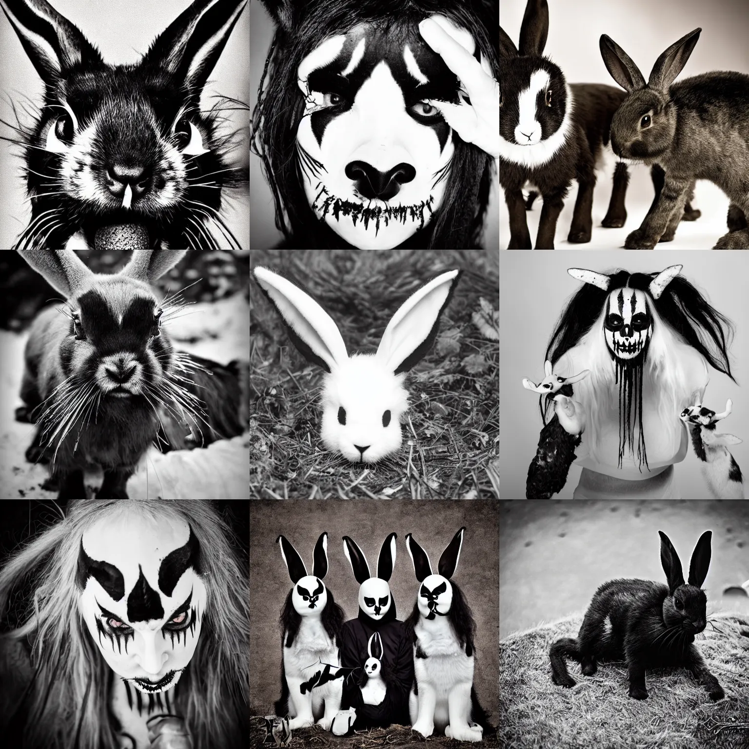Prompt: black metal bunnies with corpse paint, animal photography
