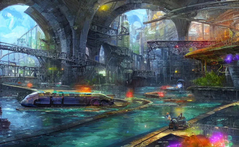 Image similar to An urban train rides inside of a waterway on a fantasy city. Fantasy and concept art, colorful digital painting, unreal engine.