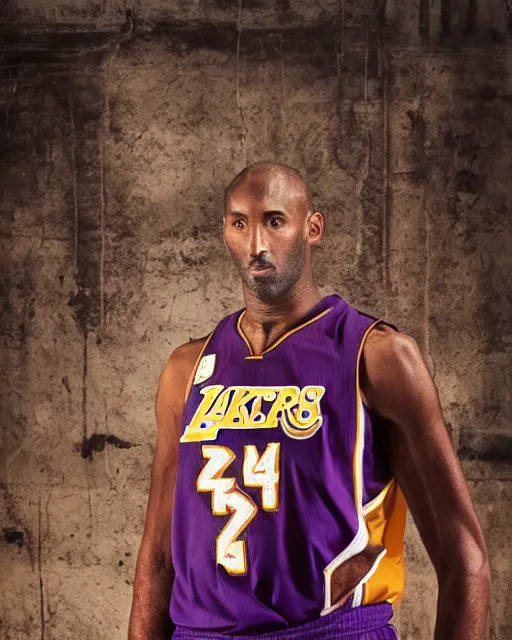 Prompt: portrait of kobe bryant, wrinkled, 7 0 years old, wearing lakers jersey, photography by steve mccurry, trending on artstation