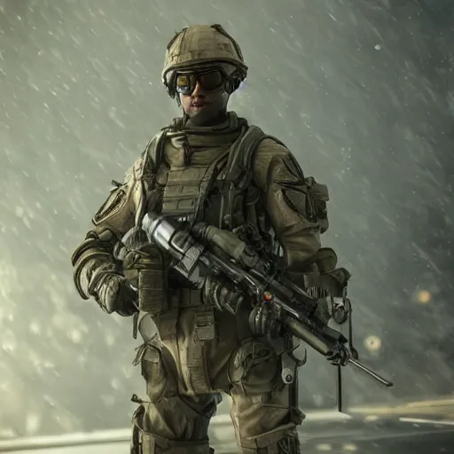 Prompt: future soldier sci - fi, 8 k, shallow depth of field, moody lighting, ultra high detail, concept art,