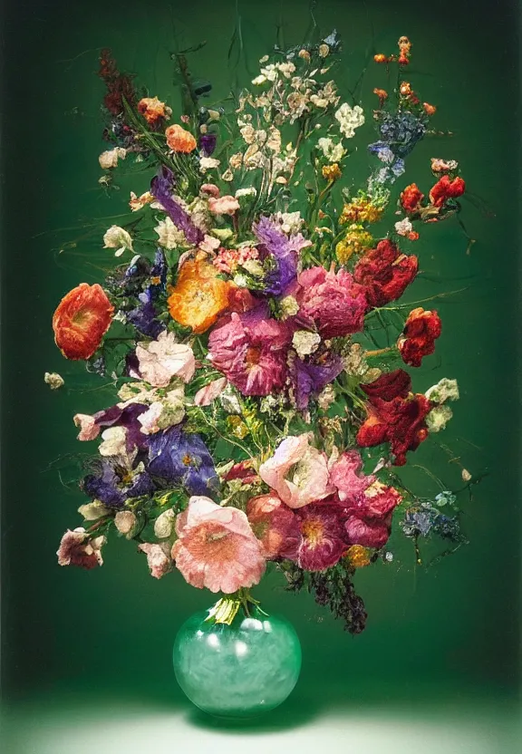 Image similar to a floral bouquet made out of gemstone crystals, in an elaborate jade vase sitting in a gloomy candlelit cabin under a narrow spotlight, the flowers are made out of gemstone, hyperrealism, shot on film