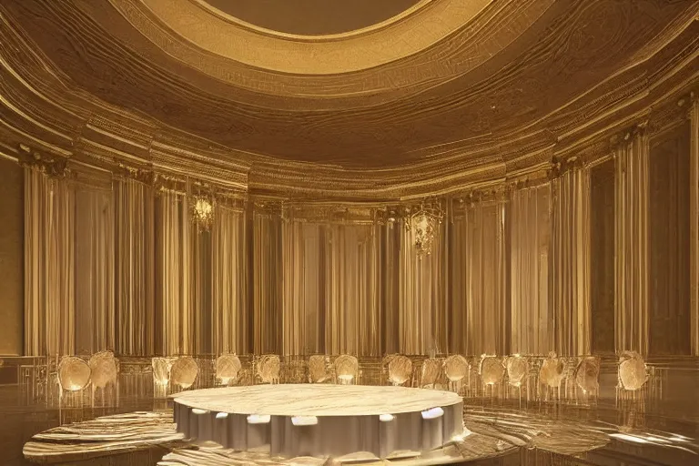 Prompt: “Nicely decorated setup, it was a large rectangle table that looked to shine gold with marble texture. An oval shape with its walls containing sculpted ancient Greek arches surrounding the walls. Well crafted architecture that was built around the curving shape of the roof. On the ceiling there was round dome shaped orange beige light that shined down.” Realistic Fantasy Render. 4K HD.