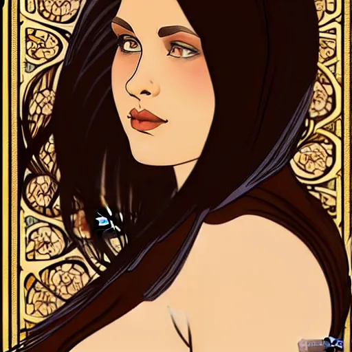 Image similar to curvy brunette woman with straight hair in a short bob, romanian heritage, brown eyes, no bangs, digital art, cartoon, 8k, illustration, art nouveau, Alphonse Mucha, trending on artstation, medium shot, head shot