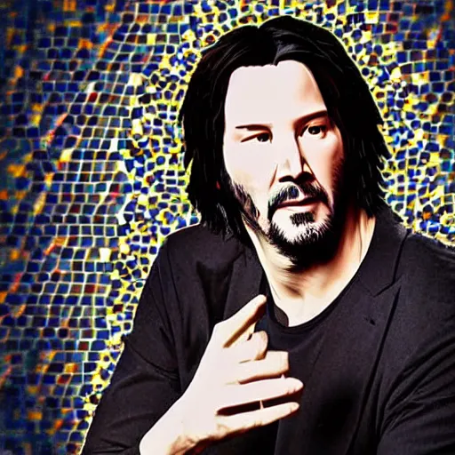 Image similar to mosaic style icon of keanu reeves. light rays. bokeh