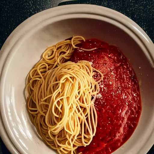 Prompt: food photography of spaghetti in a urinal, bon apatite, creepy photo