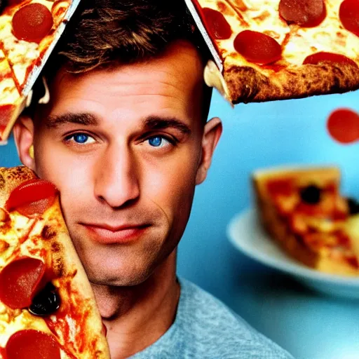 Image similar to johnny sins eating pizza, realistic photo, detailed face, cinestill