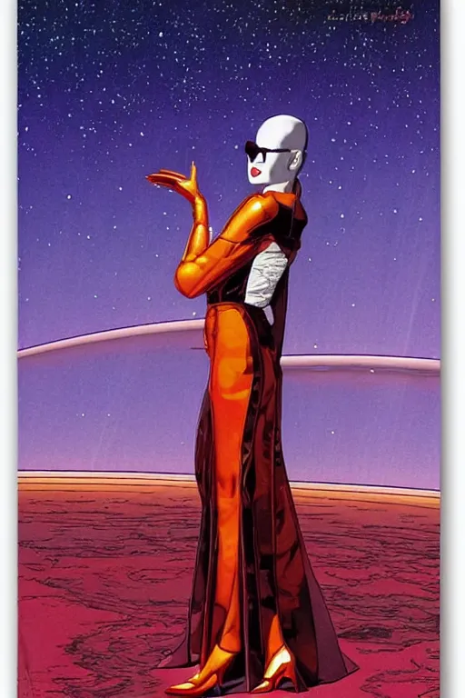 Image similar to cyber portrait fashion model in space artwork by jean giraud