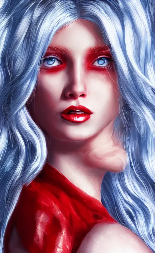 Image similar to the prettiest woman with silver blue hair, in a red and white dress portrait, dynamic lighting, fantasy concept art, trending on art station, stunning visuals, creative, cinematic, ultra detailed, ray tracing, sun rays, hyper realistic