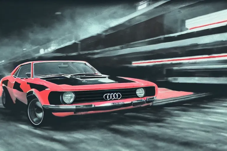 Image similar to audi camaro b 1 ( 1 9 6 9 ) drifting, phonk music background, smoke behind wheels, noise, dark, establishing shot, neon lines