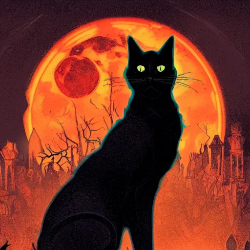 Image similar to an ultra detailed animation of a black cat in a graveyard at midnight on halloween tattoo, digital art, dark fantasy, concept art, soulslike, by alphonse mucha, blood moon eclipse, ruined building in the background, artstation, 8 k, unreal engine render