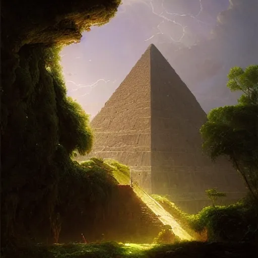 Image similar to ancient pyramid, overgrown undergrowth vegitation, dark volumentric ambient lighting, painting by thomas cole and greg rutkowski