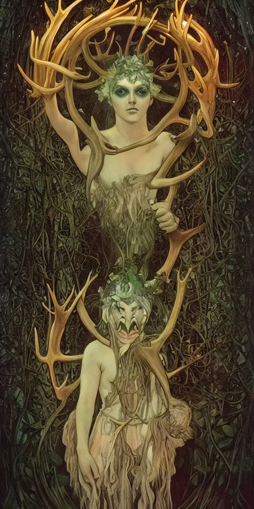 Image similar to intense bioluminescent glowing pagan god with antlers and tusks and pure black eyes in very dark forest by mark ryden and alphonse mucha, portrait, fantasy, clear, light beams, lens flare, intense, uhd, amazing depth, cinematic lighting