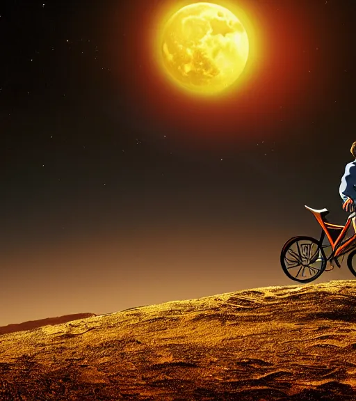 Image similar to superman riding a bike across the full moon as silhouette, from the movie e. t. the extra terrestrial, with dark trees in foreground, cinematic frame by steven spielberg, hd