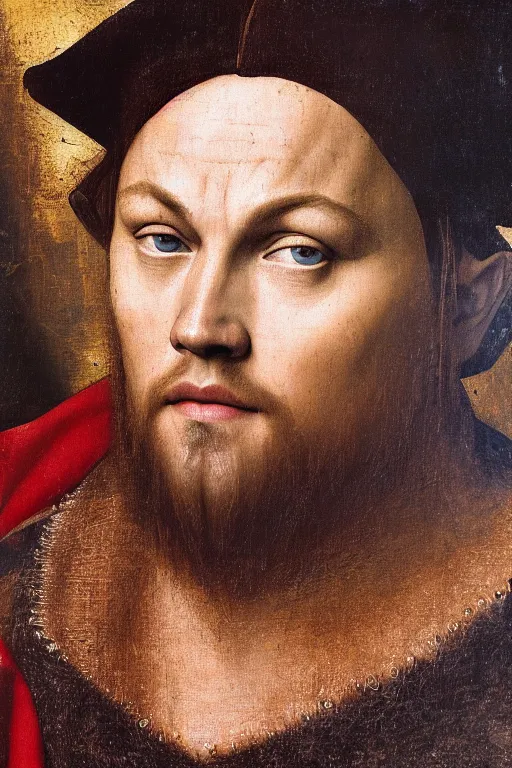 Image similar to 1 4 0 0 s renaissance portrait of leonardo dicaprio oil painting by jan van eyck, northern renaissance art, oil on canvas, wet - on - wet technique, realistic, expressive emotions, intricate textures, illusionistic detail