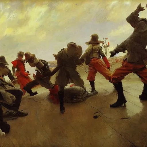 Image similar to a group of teenage boys doing TikTok dances. Ilya Repin and Ruan Jia.