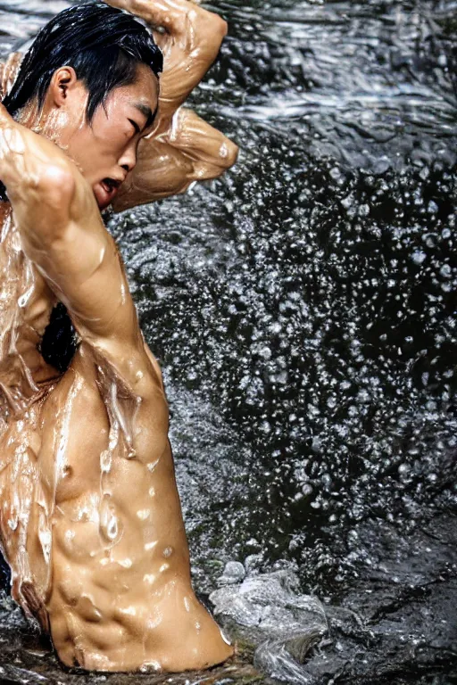 Prompt: a film still of japanese wearing kimono batik, close up face detail, muscular, wet body, model photography, wet dripping hair, emerging from the water