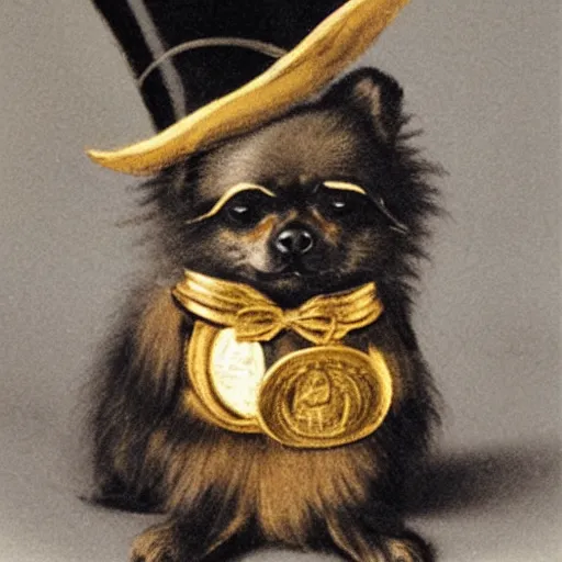 Image similar to A pomeranian wearing a top-hat and a monocle, sitting on a pile of gold coins