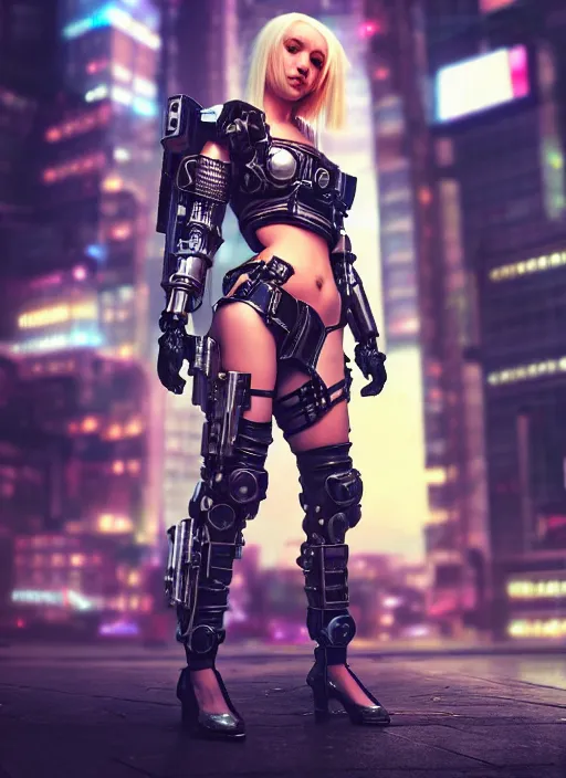 Prompt: photo of a cute blonde girl in cyberpunk city wearing plastic armor, realistic, sharp focus, 8 k high definition, insanely detailed, intricate, elegant, artgerm, greg kutkowski, high contrast dramatic lighting