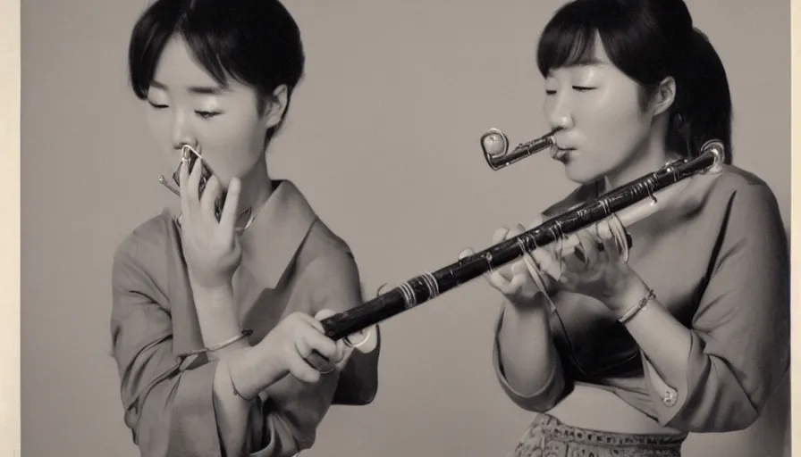 Image similar to Photo of a Korean woman playing a recorder with her nose. In the style of Dmitry Ageev