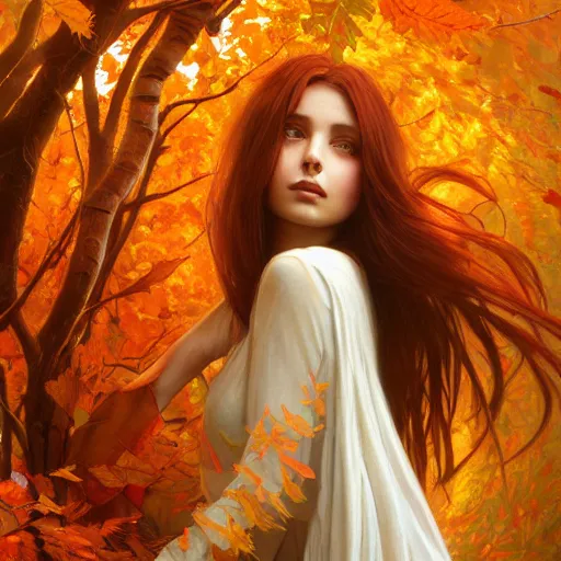 Prompt: girl with super long hair, hair becoming autumn red leaves, intricate, digital painting, artstation, concept art, smooth, sharp focus, illustration, unreal engine 5, 8 k, art by artgerm and greg rutkowski and alphonse mucha