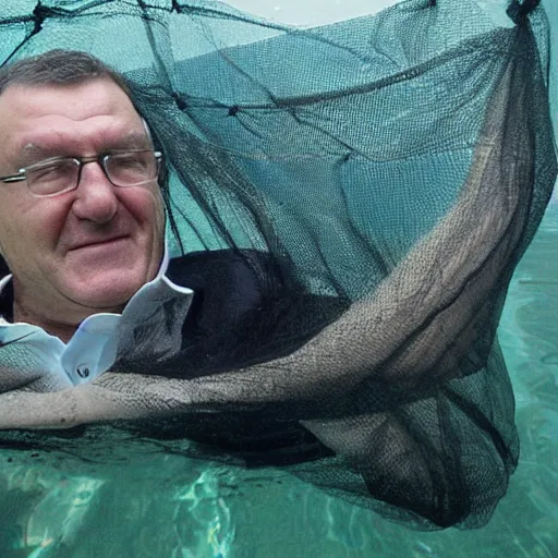 Image similar to vojislav seselj stuck in a fishing net, underwater, struggling