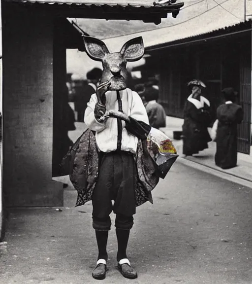 Image similar to 1 8 th century japanese street market in kyoto 1 9 0 0 s early photography portrait anthro anthropomorphic deer head animal person fursona wearing clothes street trader