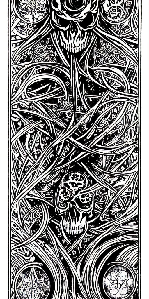 Image similar to a beautiful ombre skullpunk fractal tarot card featuring bold occult imagery with clean lines. haeckel. detailed adult coloring book