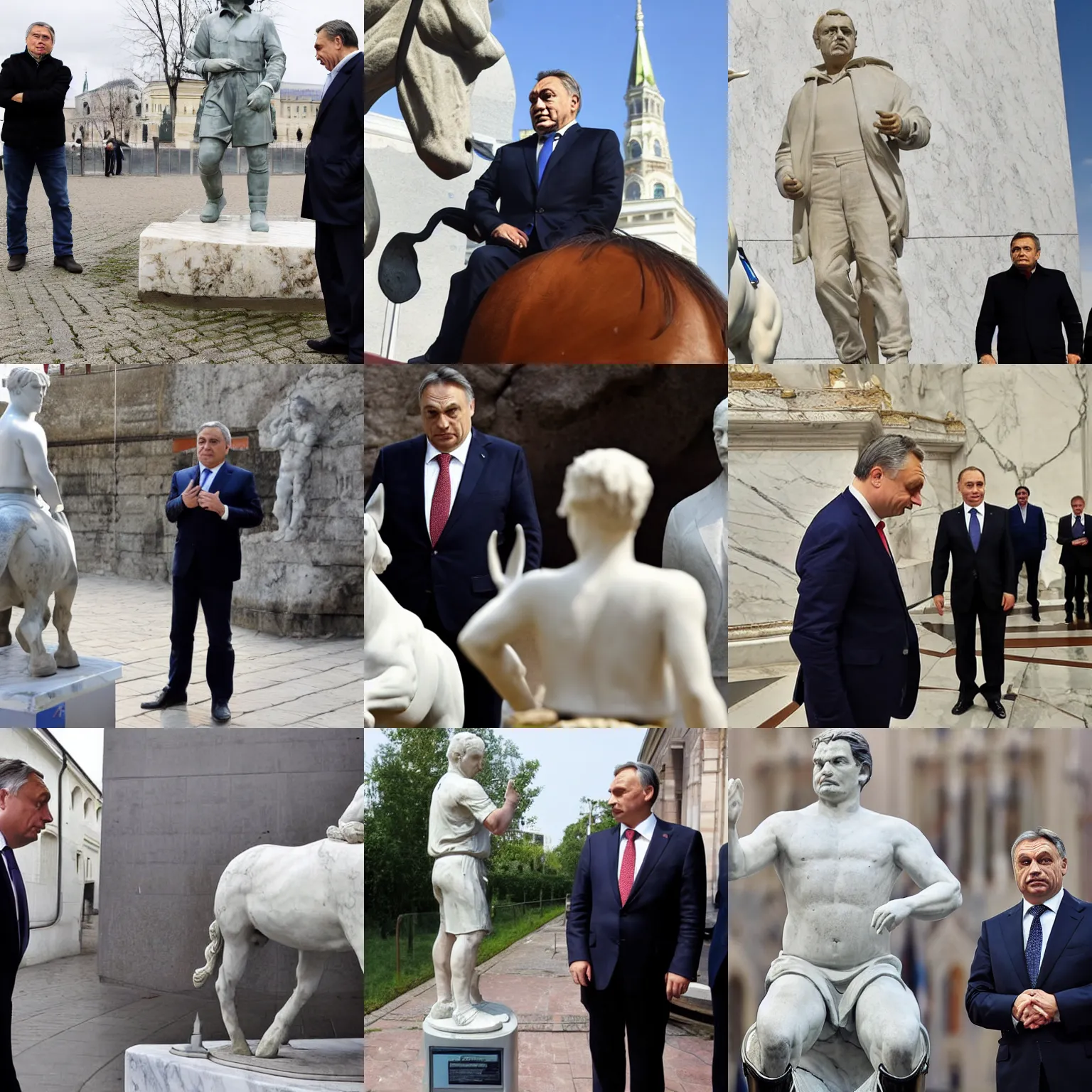 Prompt: viktor orban looking at the marble statue of putin on a horse