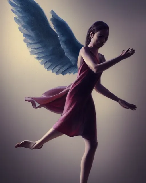 Image similar to woman turning into an angel levitating off the ground, by randy vargas, art station, smooth, focus