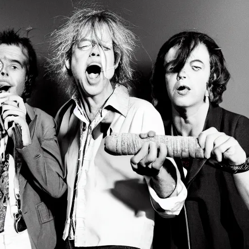 Image similar to bob geldof boomtown rats holding banana microphone, with banana costumed background singers, concert photo, getty images, pencil drawing