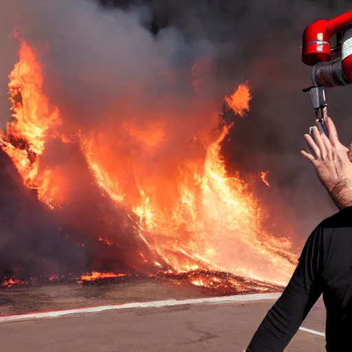 Image similar to Miguel Díaz Canel fighting a giant fire with a extinguisher photorealistic 4K studio photo