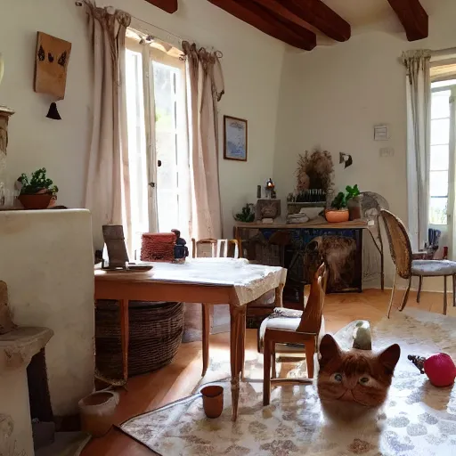 Prompt: Picture of very very very very filled provence interior room with cat sitting on the table,