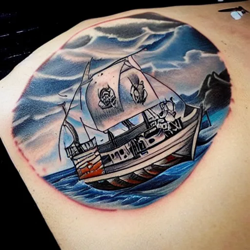Prompt: a pirate ship sailing in the sea, realism tattoo design, white background, by Matteo Pasqualin tattoo artist