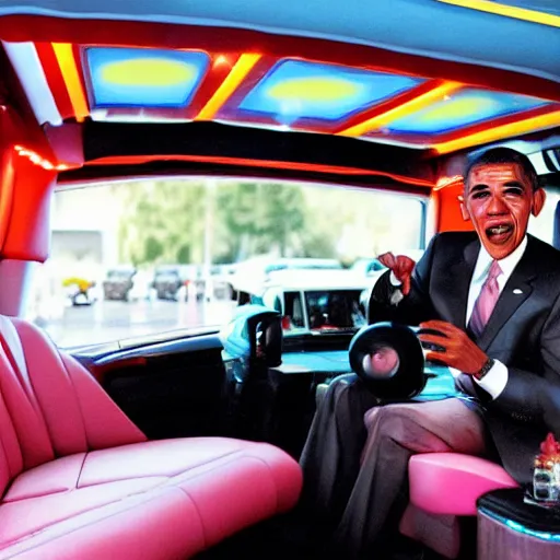 Image similar to barack obama on pimp my ride sitting in his newly upgraded presidential limo complete with a playstation 2, and a minibar. there are also neon lights in the interior.