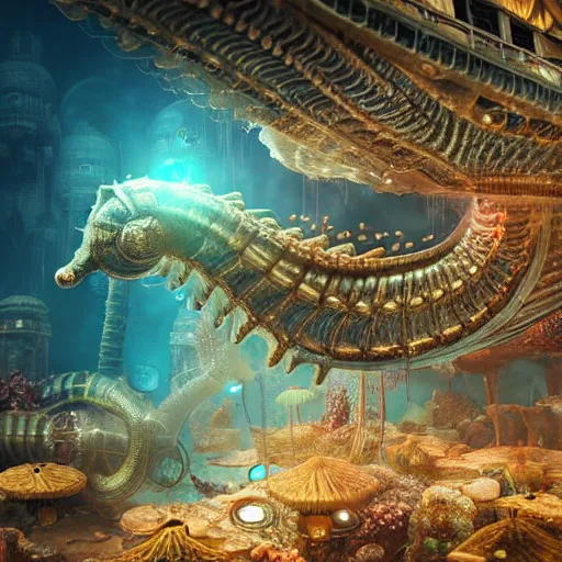 Prompt: mythical dreamy organic translucent bio-mechanical overpopulated underwater sci-fi steampunk city with seahorses, highly detailed, intricate crystal jelly steampunk ornate, poetic, 3D render, digital art, octane render, 8K artistic photography, photo-realistic, by Dora Maar