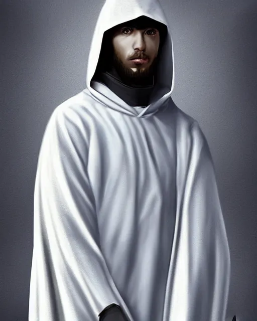 Prompt: digital art portrait of a young man in dark robes, hooded, made by WLOP, WLOP