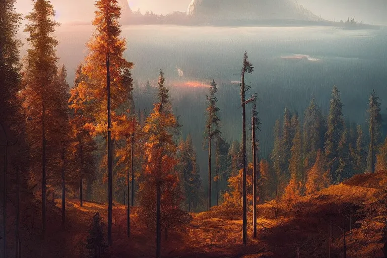 Image similar to beautiful swedish forest from the view of a mountain, breathtaking, cinematic, soft colors, very wide shot, by Simon Stålenhag