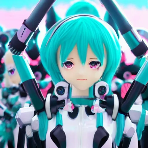 Image similar to hatsune miku leading an army of robots