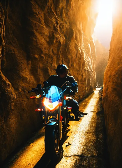 Prompt: a 2 8 mm macro photo of a man riding on a motorcycle through a canyon made of oversized arcade cabinets, splash art, movie still, bokeh, canon 5 0 mm, cinematic lighting, dramatic, film, photography, golden hour, depth of field, award - winning, anamorphic lens flare, 8 k, hyper detailed, 3 5 mm film grain