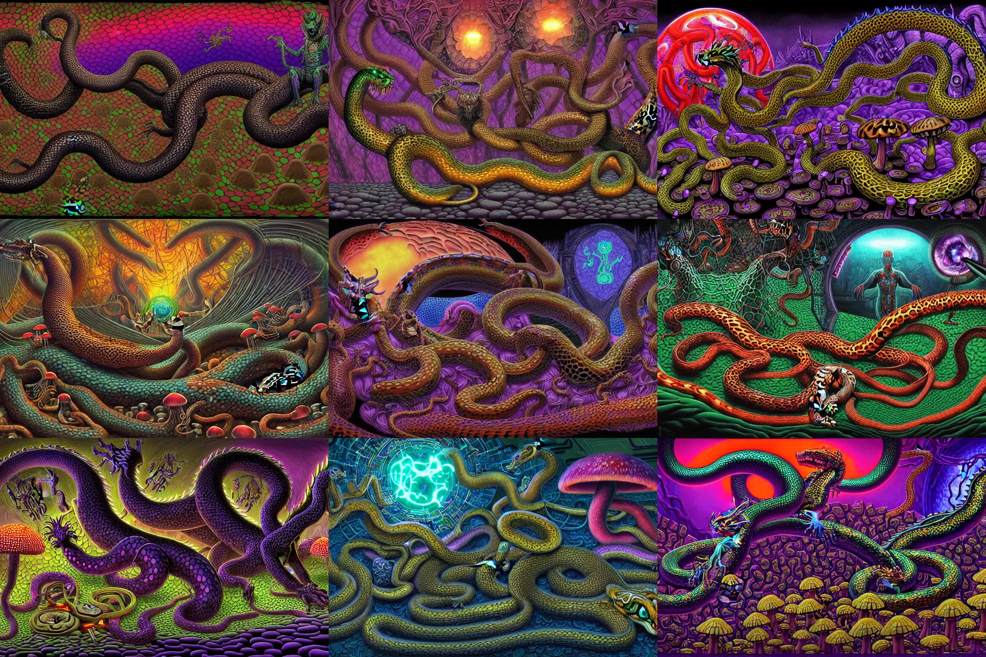 Prompt: a detailed digital art painting of a cyberpunk magick oni dragon with occult futuristic effigy of a beautiful field of mushrooms that is a adorable leopard atomic latent snakes in between ferret biomorphic molecular hallucinations in the style of escher, alex grey, stephen gammell inspired by realism, symbolism, magical realism and dark fantasy, crisp,