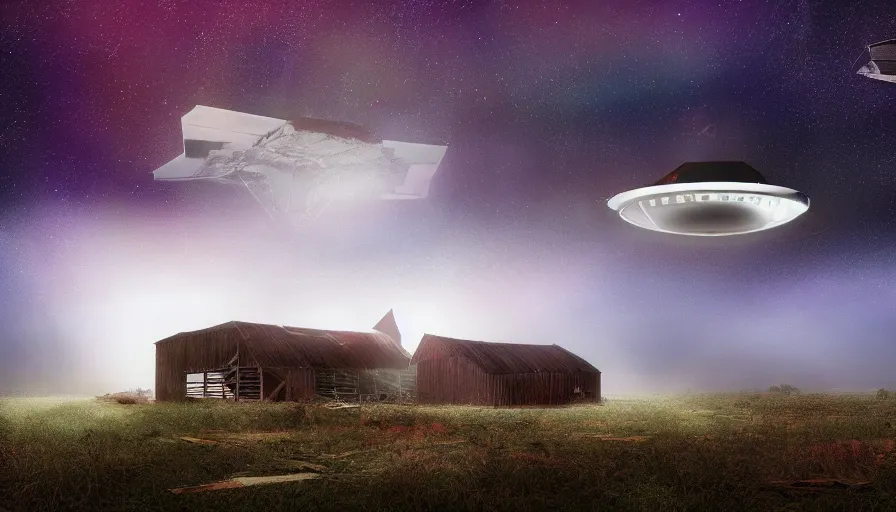 Image similar to a ufo floats over a broken barn, debris floats upwards, volumetric lighting, night, photorealistic rendering, color palette, 8 k, hyperdetailed