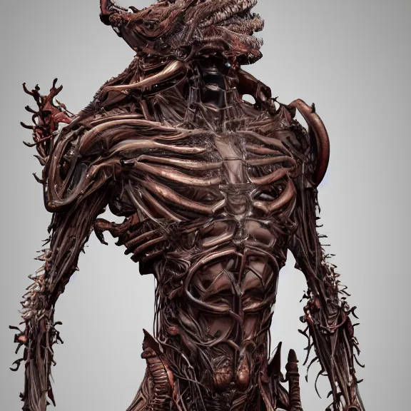 Image similar to highly detailed full body picture of a biomechanical statue, grotesque, bizarr, fleshy, character art, studio lightning, dark colors, intricate, masterpiece, photorealistic, hiperrealistic, sharp focus, high contrast, Artstation HQ, DeviantArt trending, 4k UHD, Unreal Engine 5