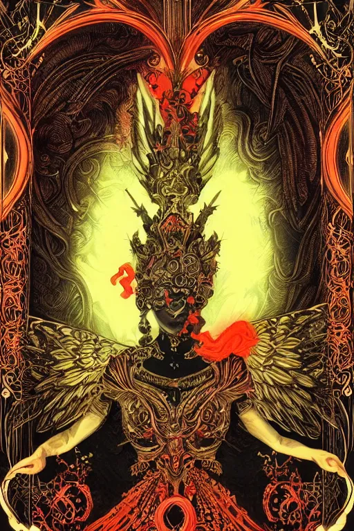 Image similar to Angel in the Light + black paper + elements + red + gold + neon + baroque + rococo + white + orange+ ink + tarot card with ornate border frame + marc Simonetti, paul pope, peter mohrbacher, detailed, intricate ink illustration