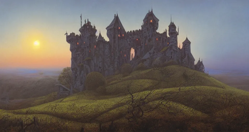 Prompt: haunted castle in a hill next to a giant valley, sunrise by gerald brom