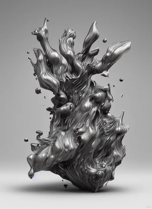 Prompt: strange surrealist detailed sculptures from other worlds, designed by Peter & Eva Moritz, modeled after splashing liquid in slow motion and shards of irrational chaotic shapes, photorealistic, 3d render, award winning render, unreal engine, octane render, studio lighting, 8k, hd