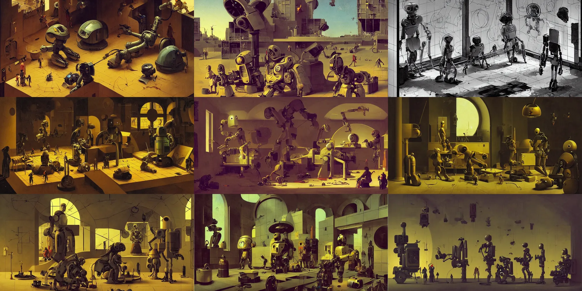 Prompt: the future is abandoned by robots and cyborgs are enjoying learning how to love, art by syd mead mike mignola fernando de felipe david rubin, composition by simon stalenhag hieronymus bosch, soft lighting, rule of thirds, golden ratio, fibonacci, phi