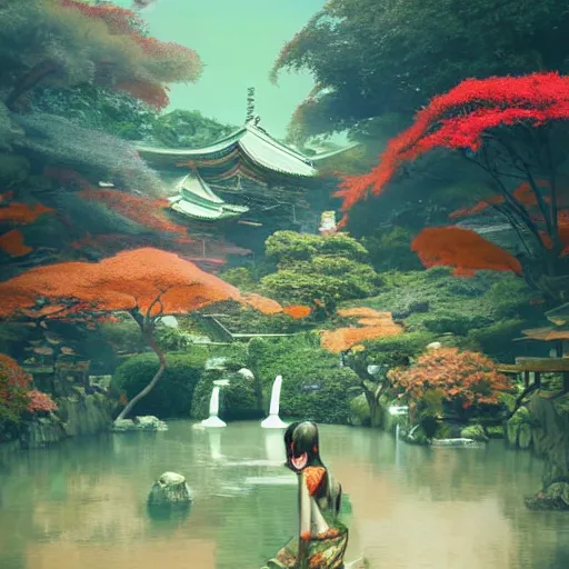 Prompt: dreamlike japanese garden fantasycore , glossy painting, Art Nouveau Cosmic 4k Detailed Matte Illustration featured on Getty Images ,CGSociety, Jade and Carrot orange color scheme, Pastiche by Marc Simonetti, Pastiche by Cedric Peyravernay