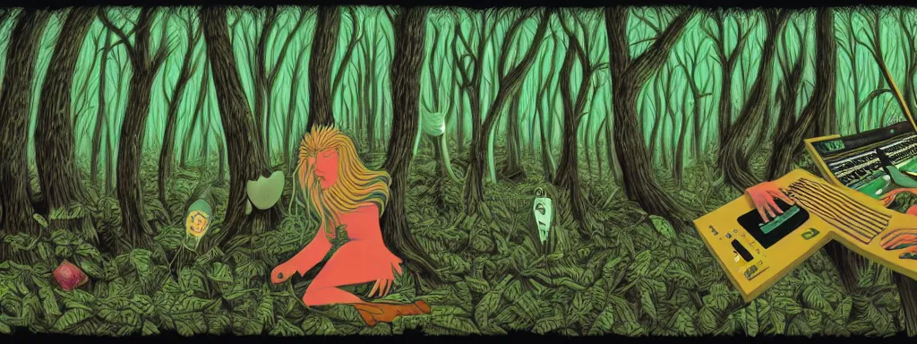 Image similar to a technogaianist long-haired blonde digital musician playing modular synthesizer in the forest, technology and nature in harmony, postmodern surrealist concert poster, grainy, hand drawn matte painting by Tara McPherson and Gary Houston, smooth, sharp focus, extremely detailed.