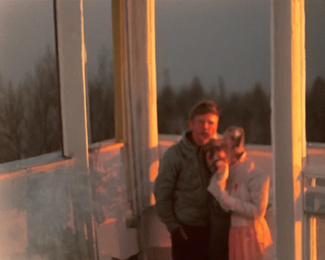 Image similar to lomo photo of pair standing on small hrushevka balcony full with cigarette smoke in small russian town at sunset, cinestill, bokeh